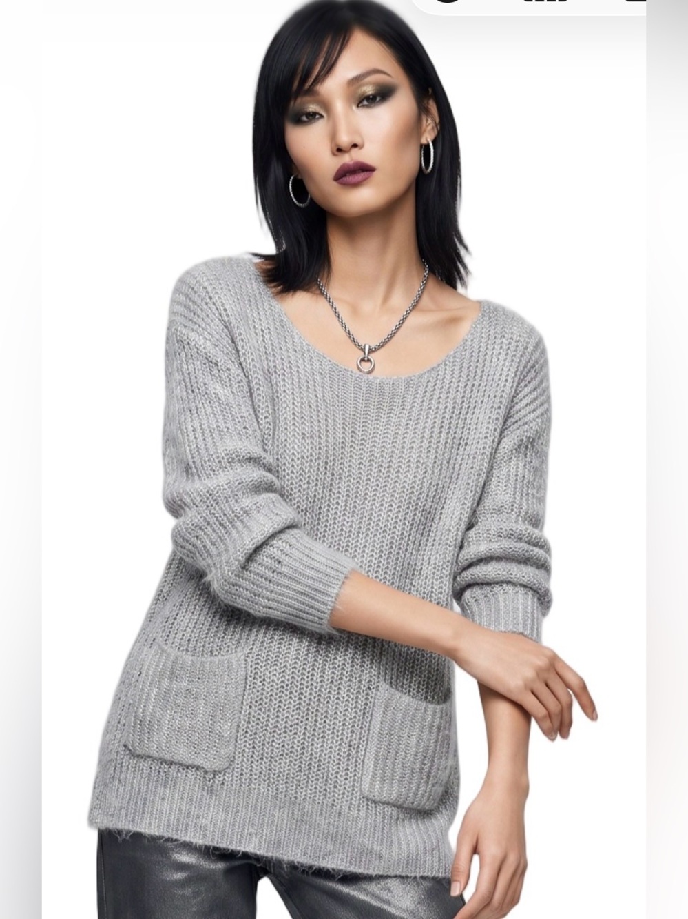 RYU Gray Metallic Silver Loose Knit Longsleeve Sweater Cool Unique Sheer V Back